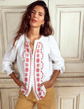 Evie Double Cloth Top-White, Red Embroidery