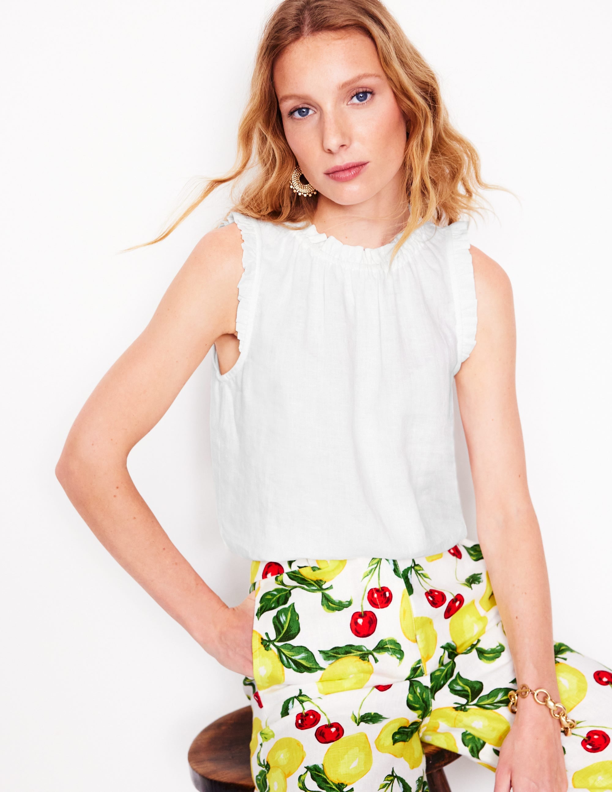 Sophie Ruffle Linen Top-White - Image 1