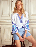 Nia Embroidered Top-White, Blue