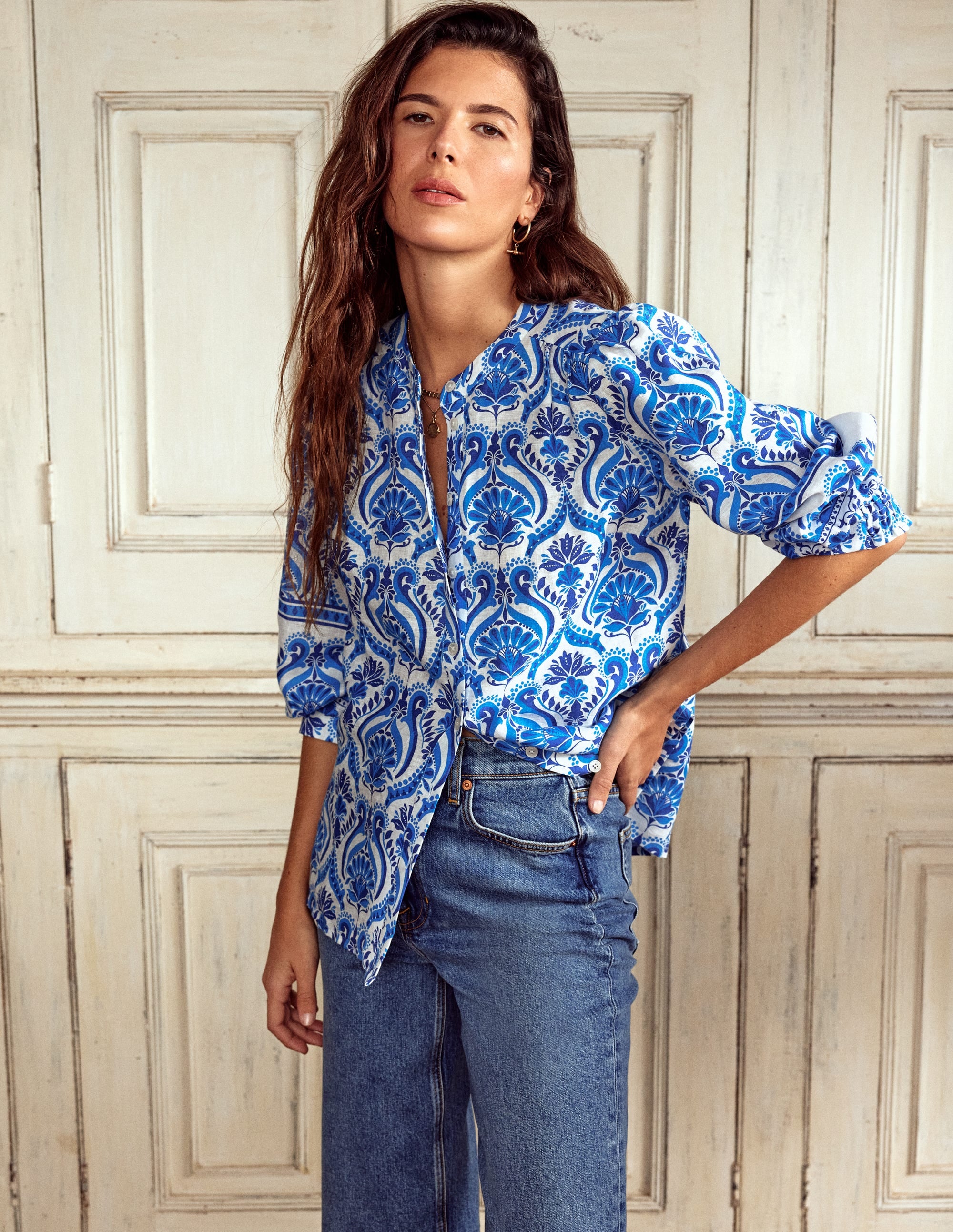 Alicia Linen Top-Blue, Ornamental Floral - Image 1