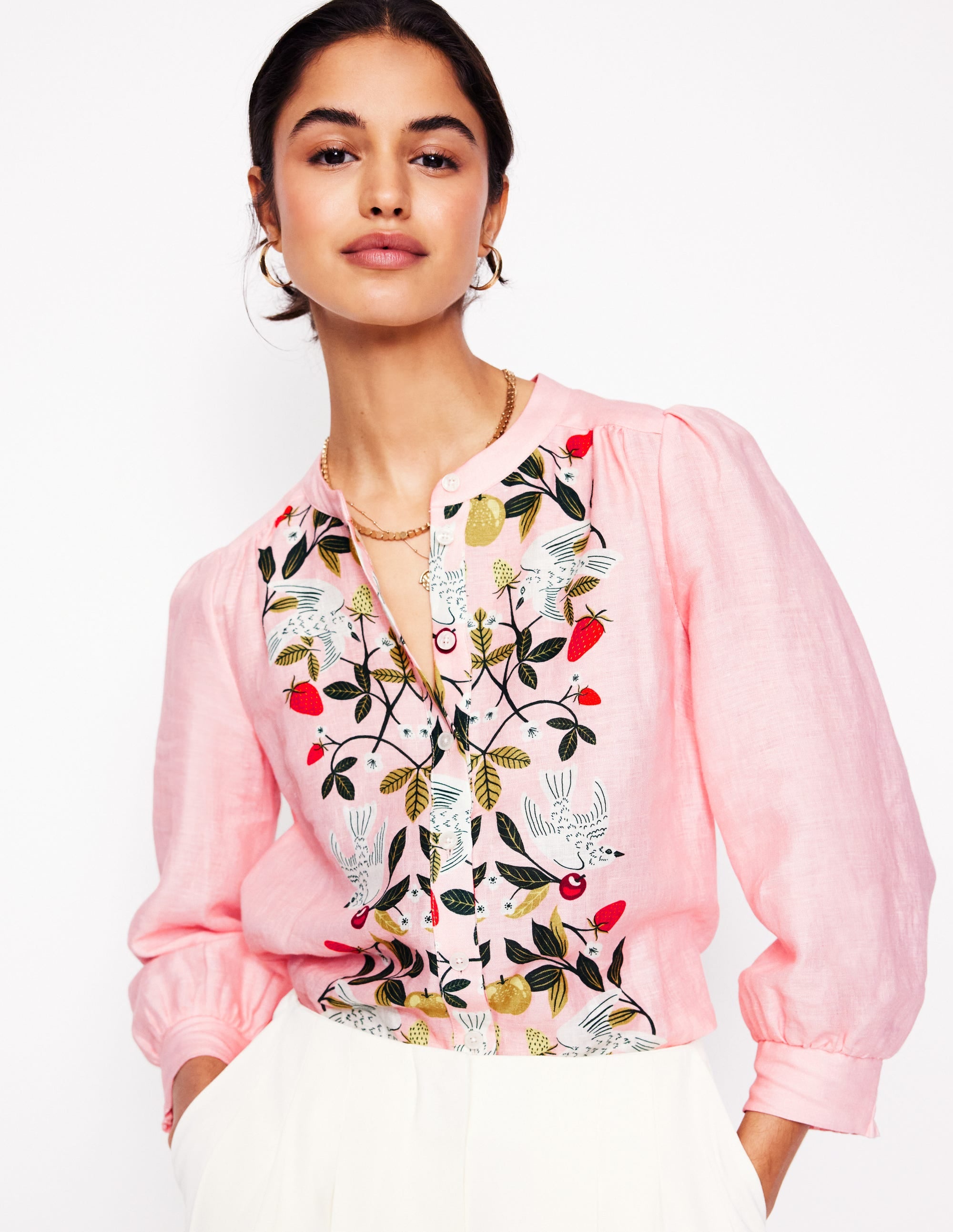 Alicia Linen Top-Provence Pink, Bird Paradise - Image 1