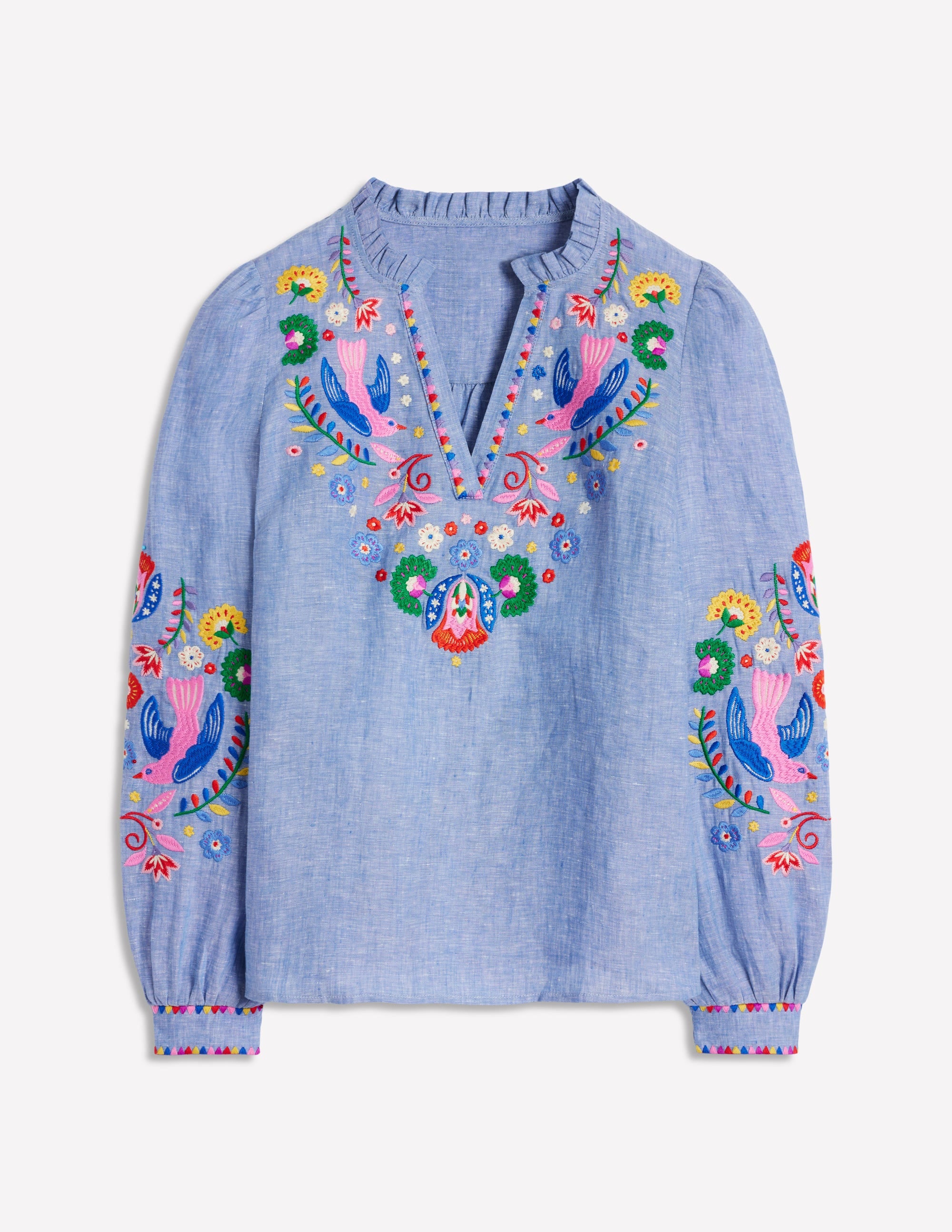 Grace Linen Top-Chambray, Embroidered Birds - Image 7
