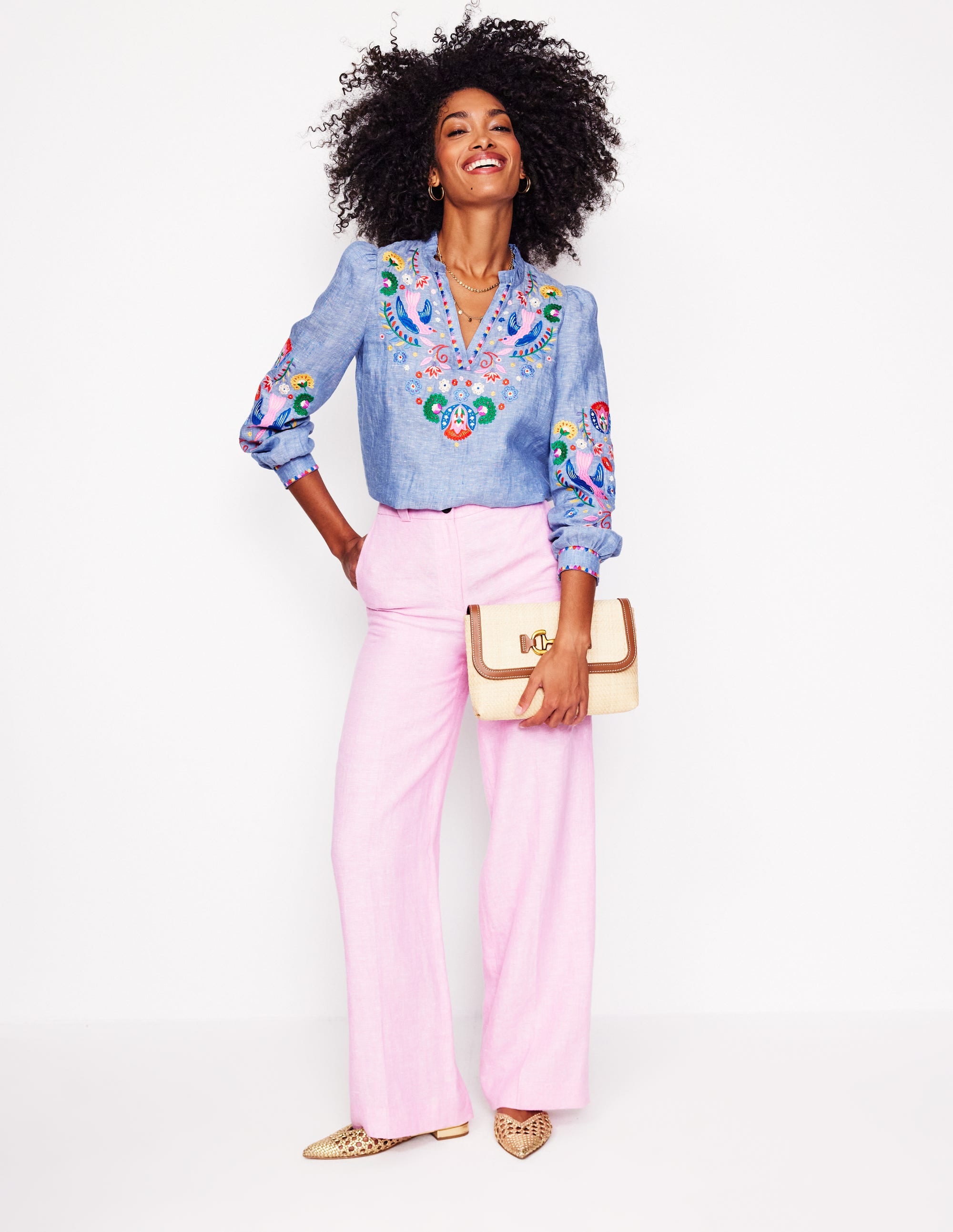 Grace Linen Top-Chambray, Embroidered Birds - Image 5