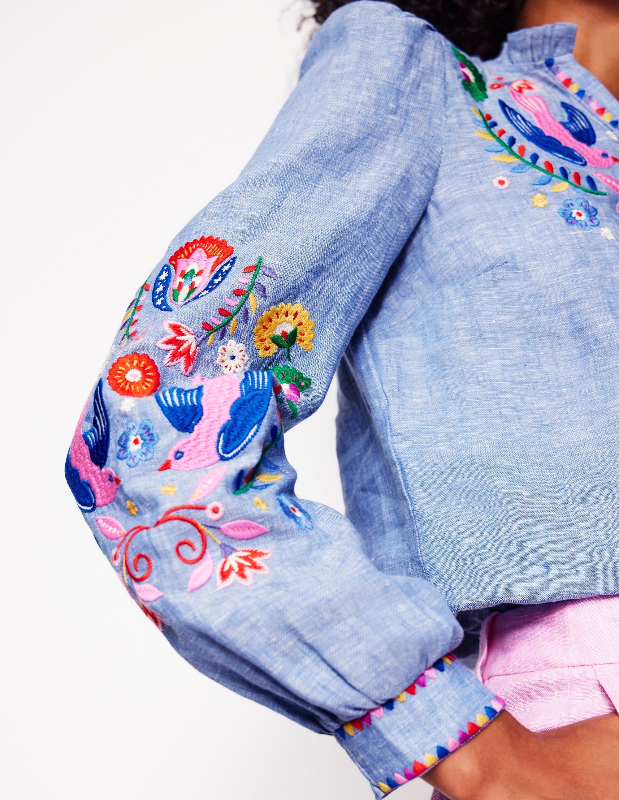 Grace Linen Top-Chambray, Embroidered Birds - Image 6
