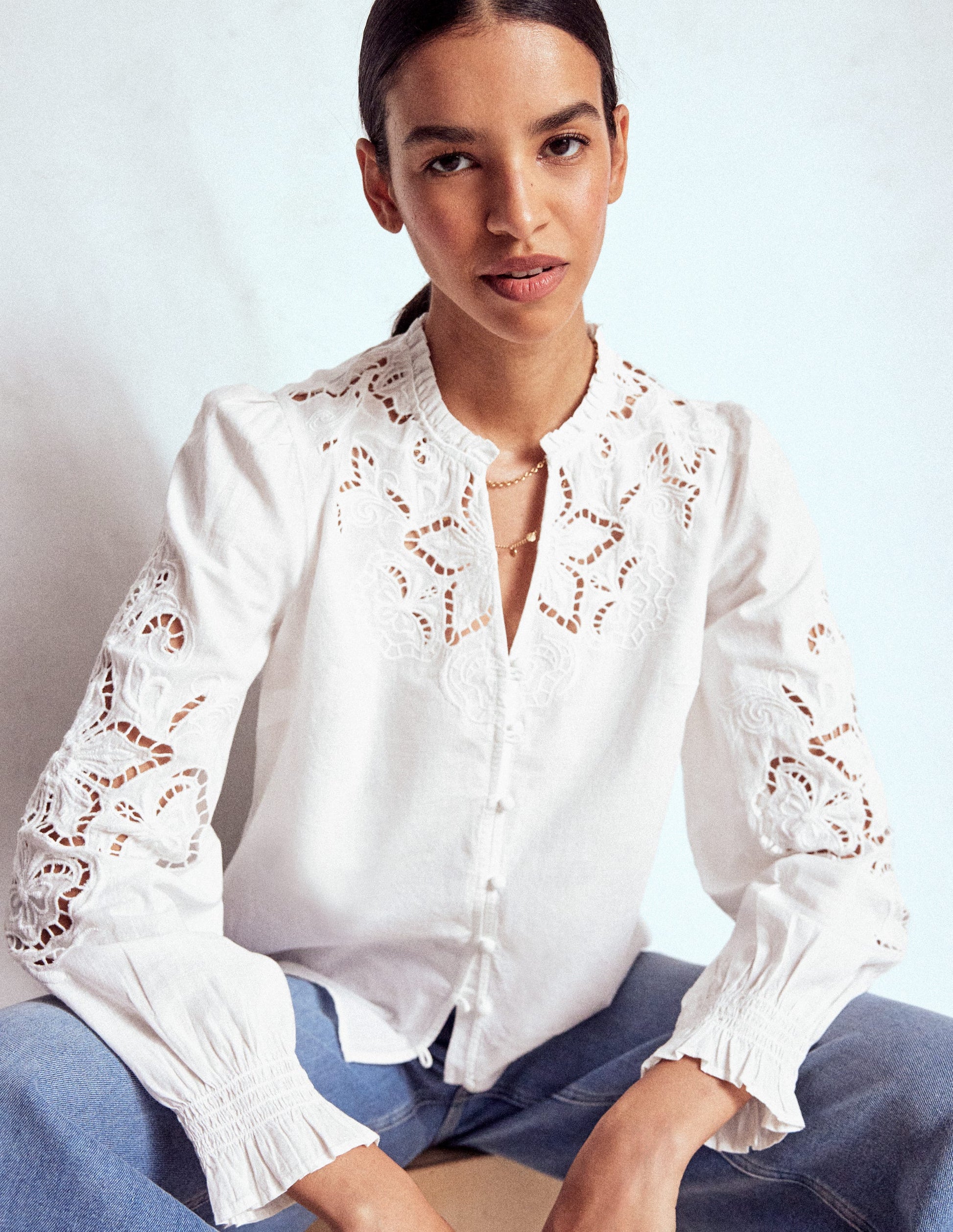 Cutwork Embroidered Blouse-White-1