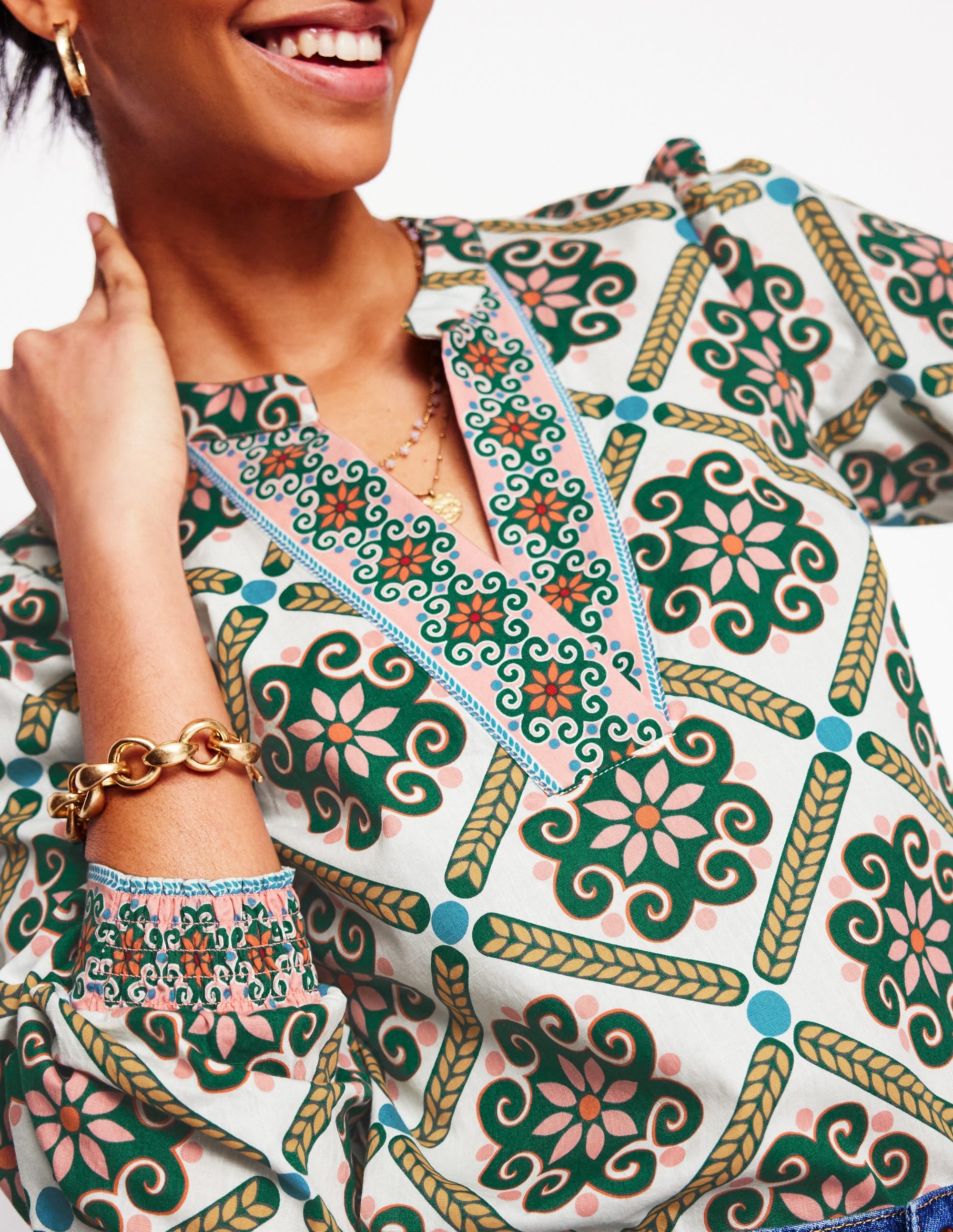 Cotton Notch Neck Top-Ivory, Baroque Tile - Image 2
