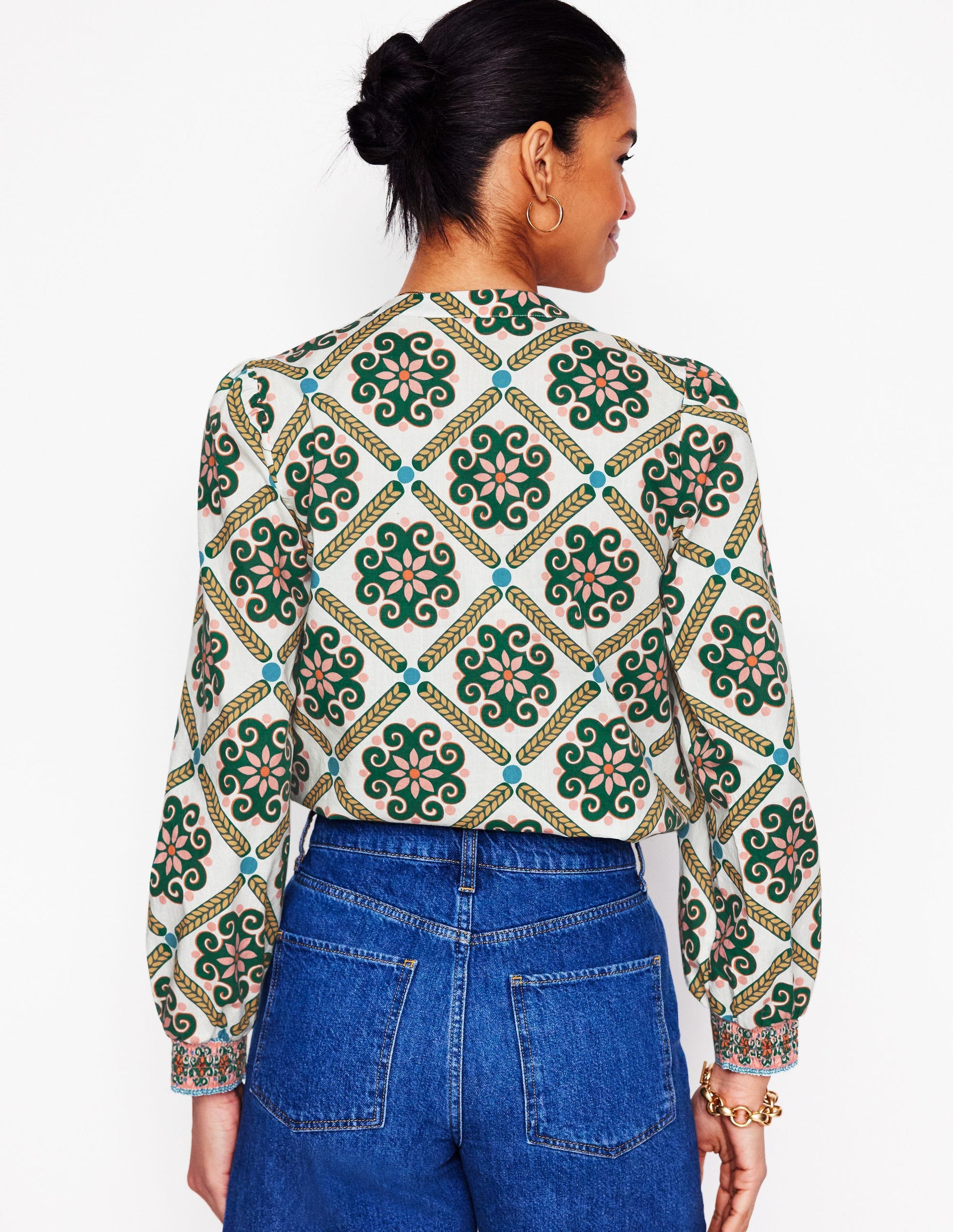 Cotton Notch Neck Top-Ivory, Baroque Tile-3