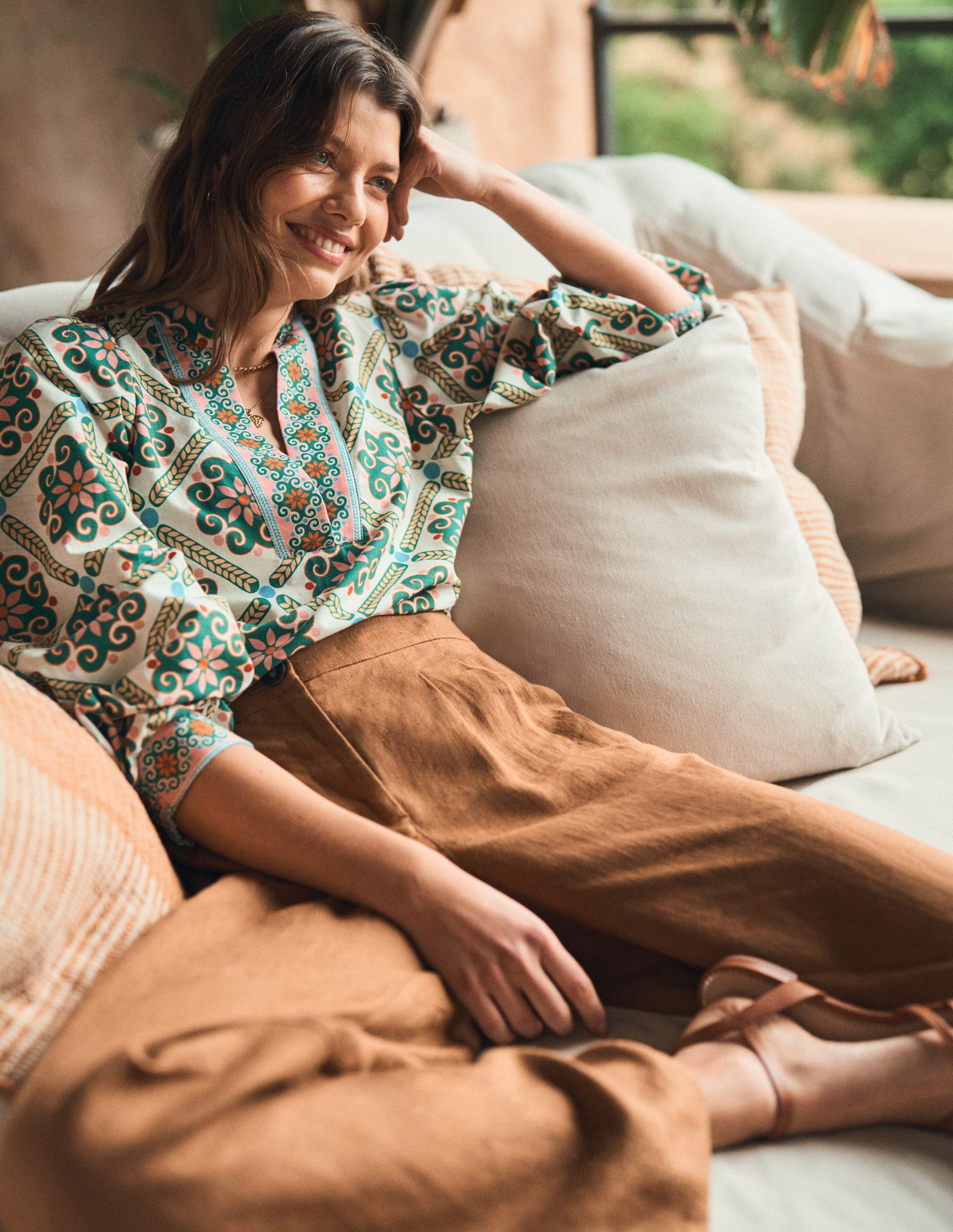 Cotton Notch Neck Top-Ivory, Baroque Tile-6