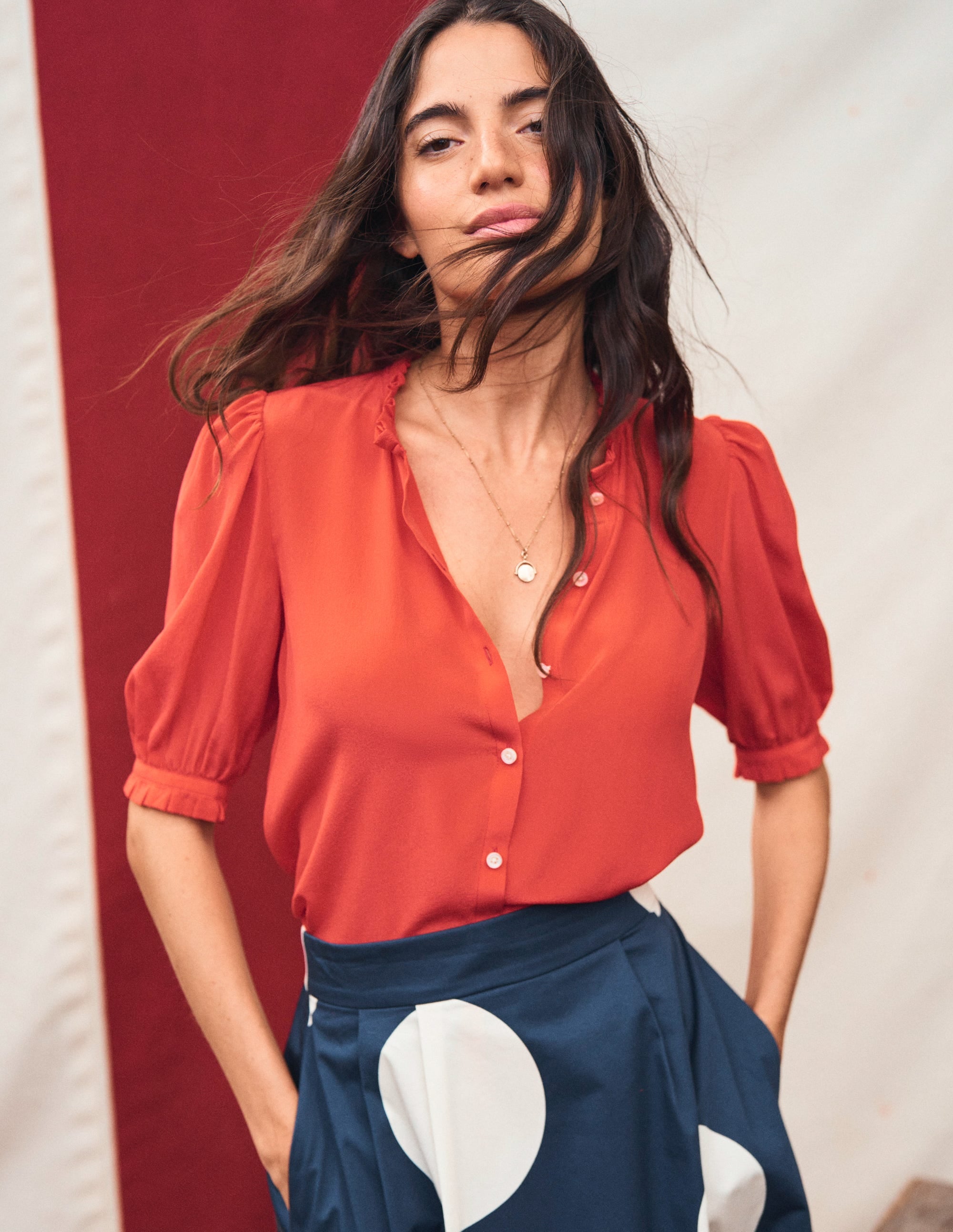 Frill Detail Silk Top-Poppy Red - Image 2