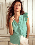 Frill Sleeve Seersucker Top-Rich Emerald Micro Gingham