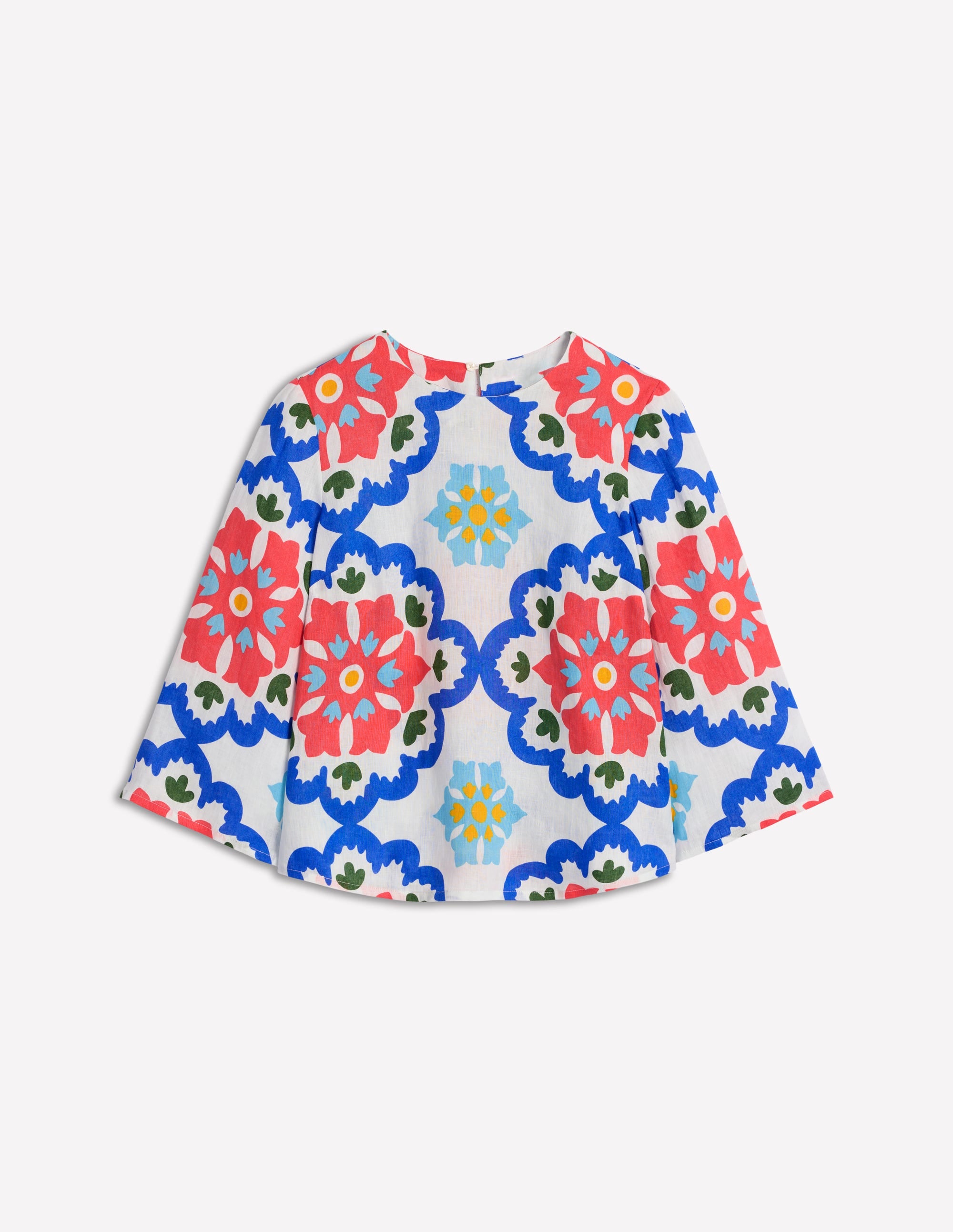 Fluted Sleeve Linen Top-Ivory, Bloom Geo - Image 7