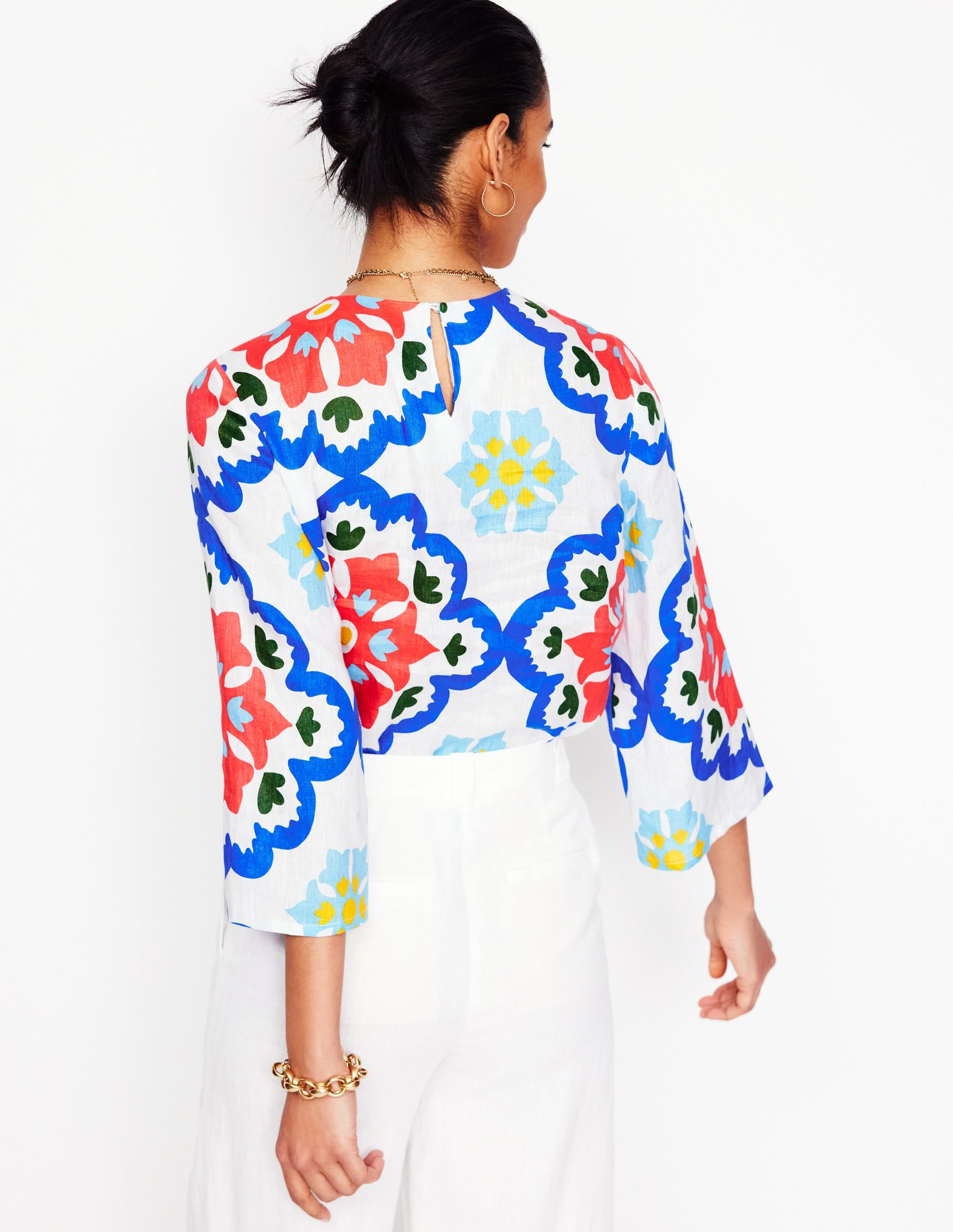 Fluted Sleeve Linen Top-Ivory, Bloom Geo - Image 5