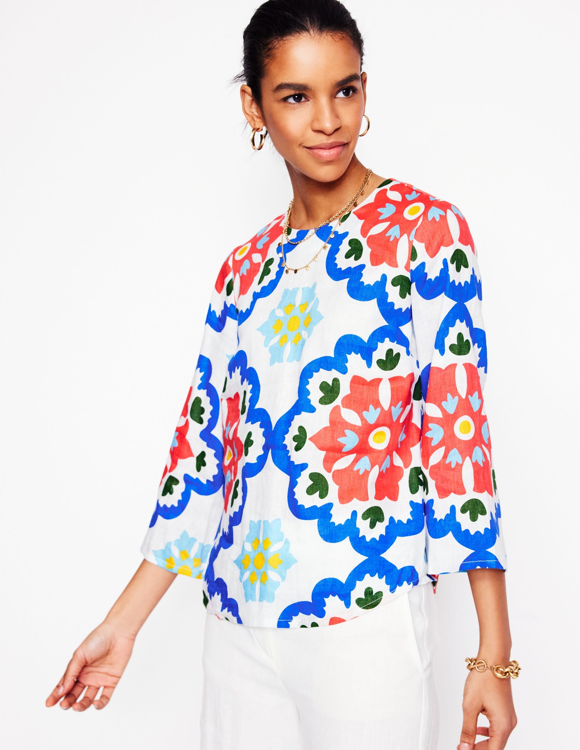 Fluted Sleeve Linen Top-Ivory, Bloom Geo - Image 6
