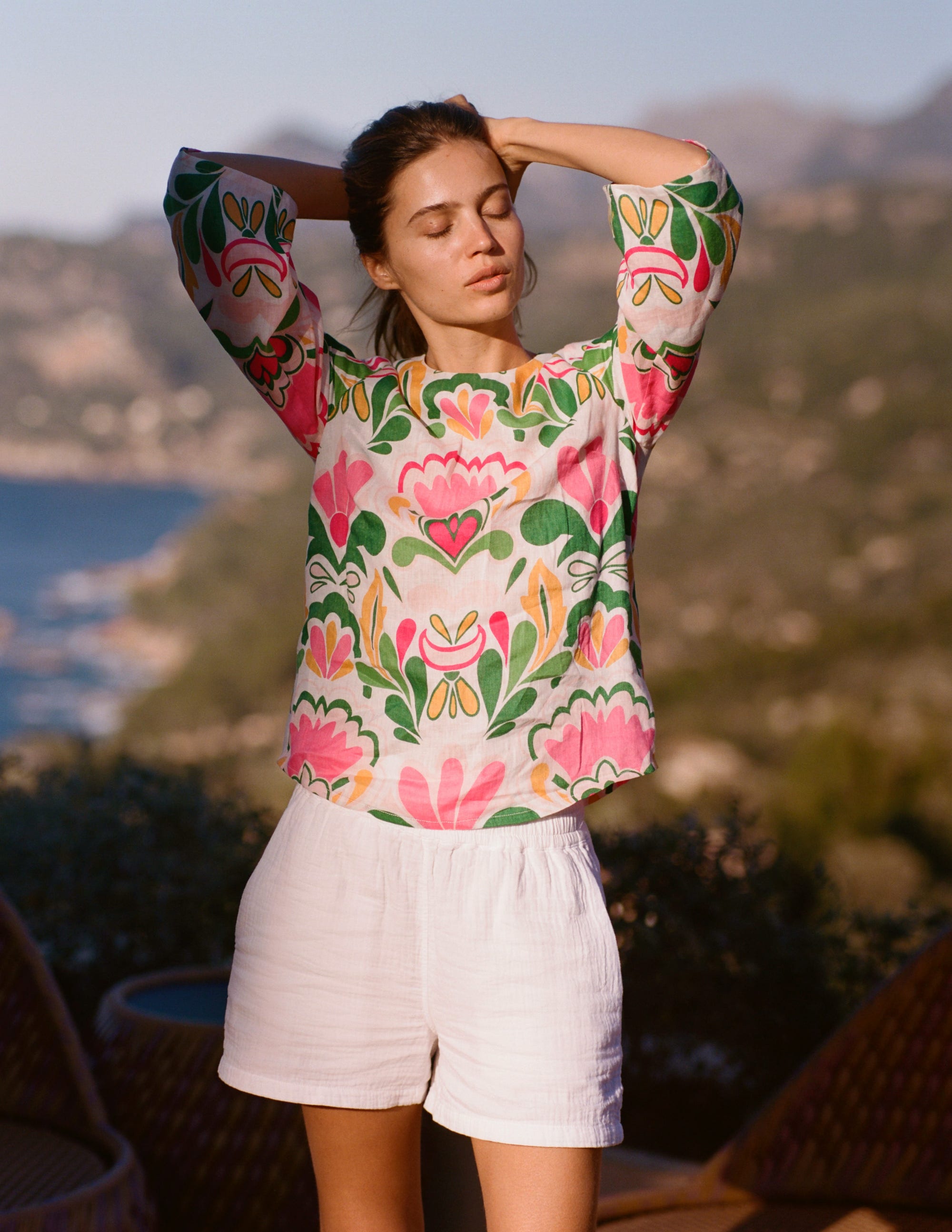 Fluted Sleeve Linen Top-Multi, Freesia Stamp - Image 2