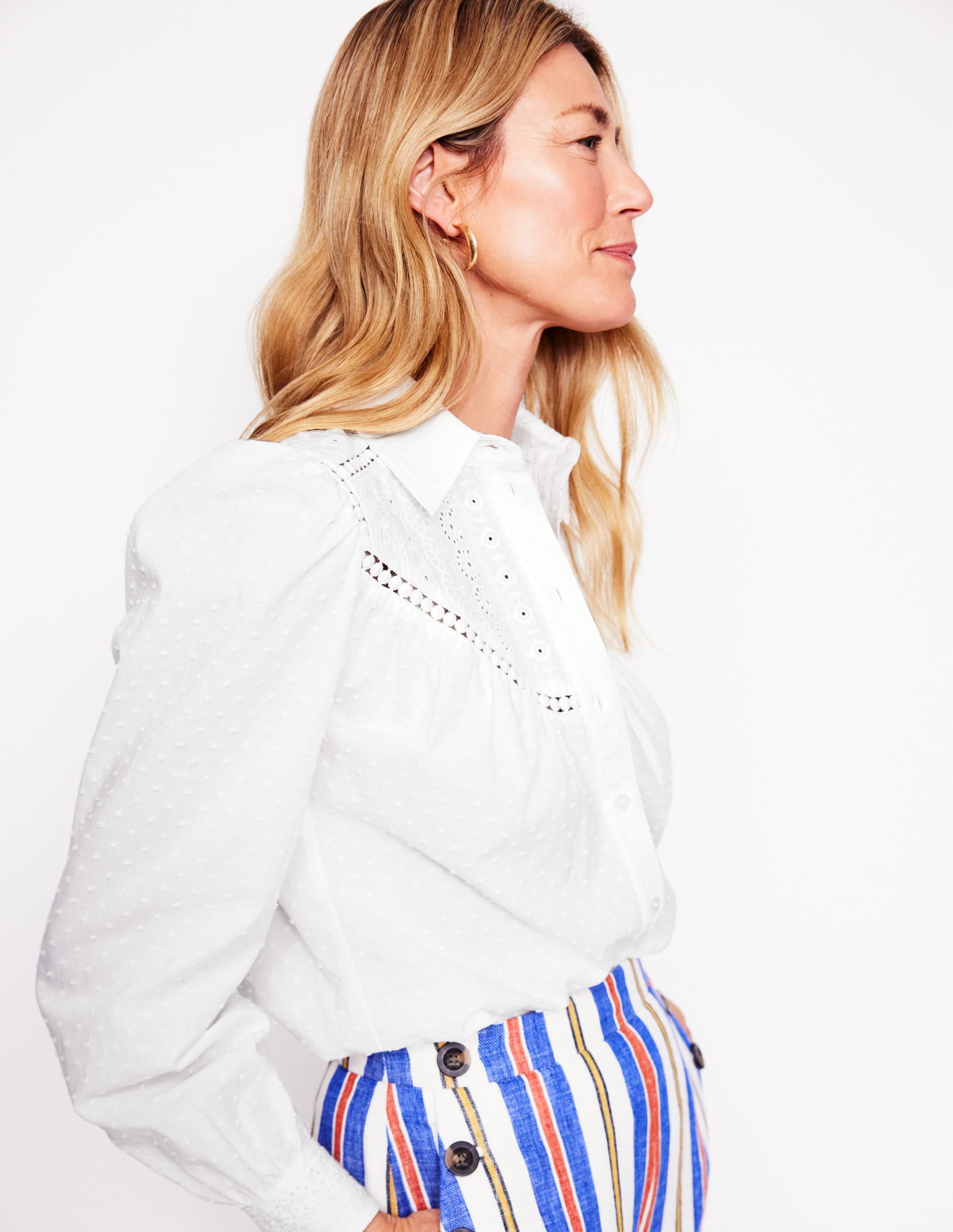 Broderie Contrast Yoke Shirt-White - Image 1