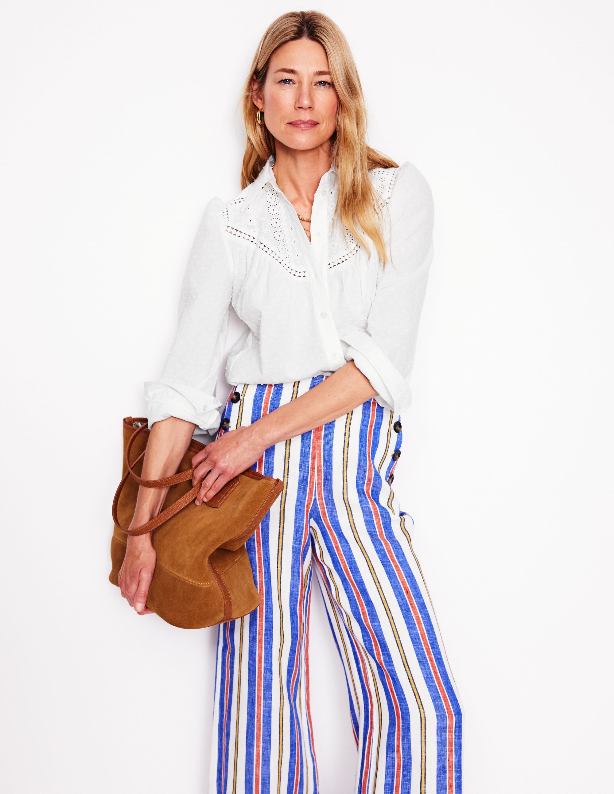 Broderie Contrast Yoke Shirt-White - Image 4
