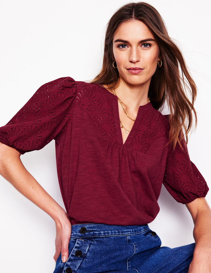 Dolly Broderie Top-Garnet Red