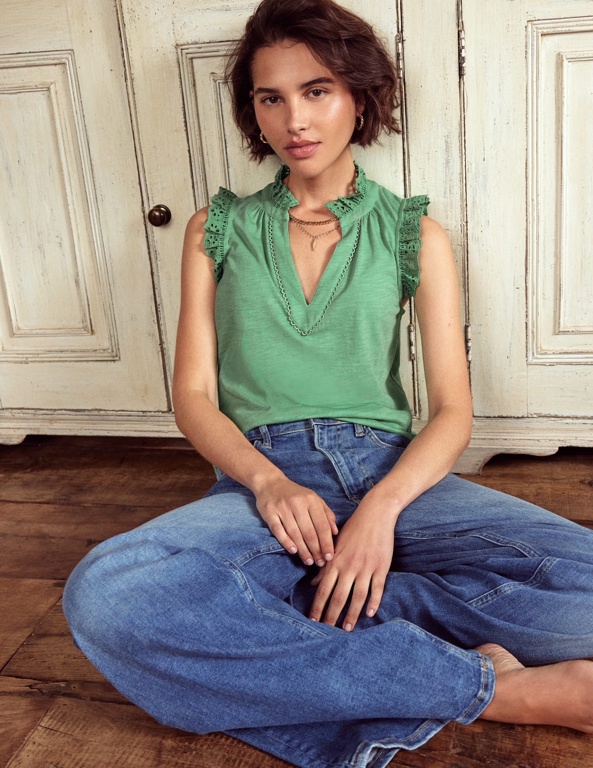 Aria Broderie Trim Vest-Aloe Green - Image 1