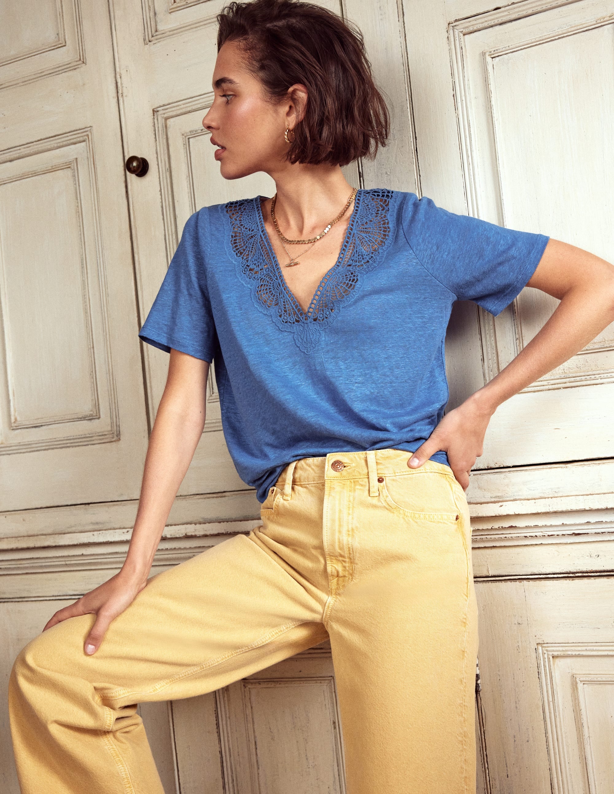 Lace Trim Linen T-shirt-Blue River - Image 1