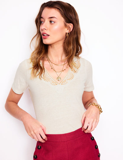 Lace Trim Linen T-shirt-Ivory-6