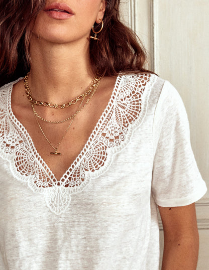Lace Trim Linen T-shirt-Ivory-2