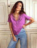 Lace Trim Linen T-shirt-Liatris