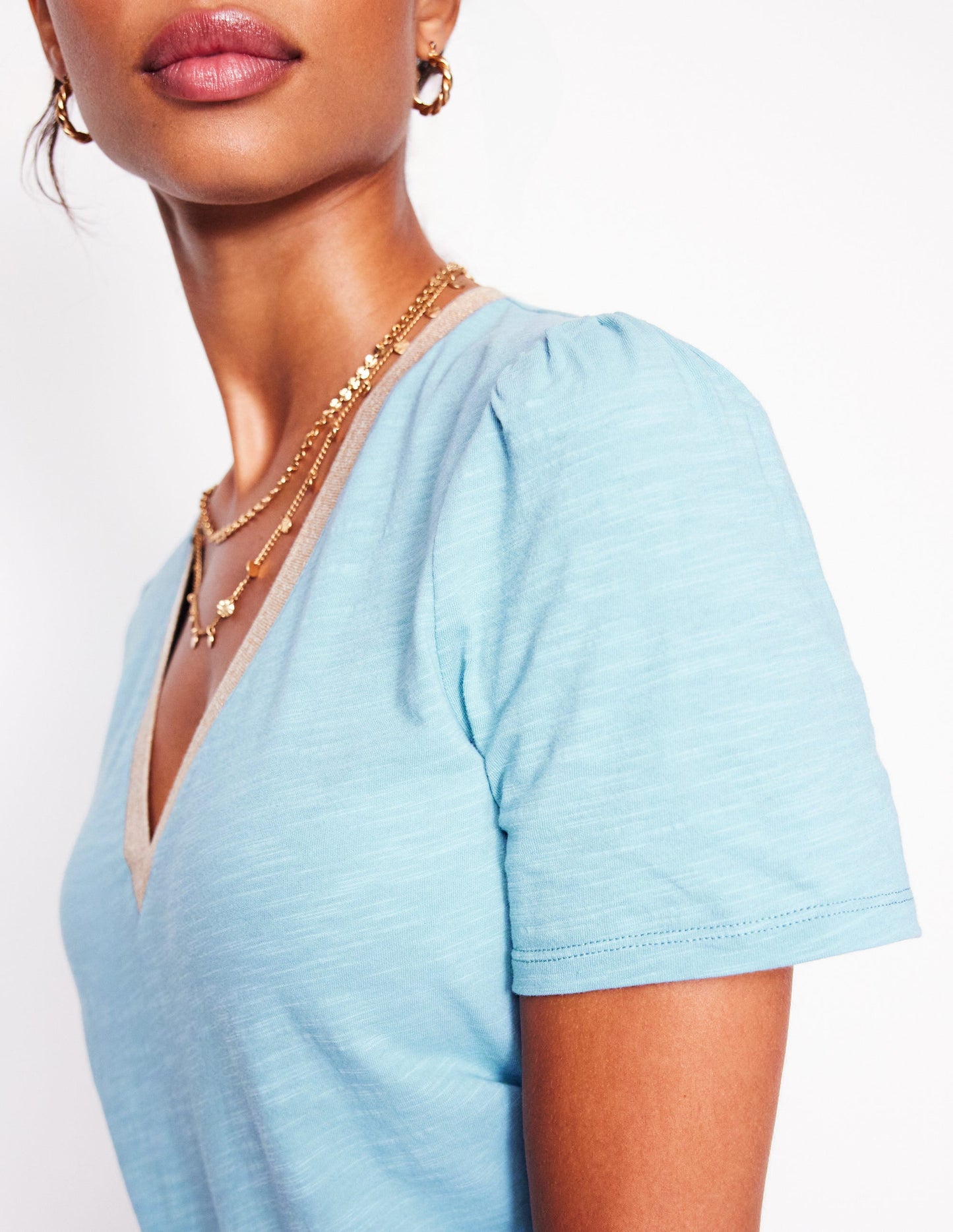 Metallic Trim V Neck T-shirt-Soft Blue