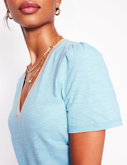 Metallic Trim V Neck T-shirt-Soft Blue-4