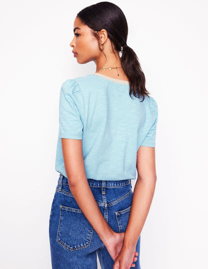Metallic Trim V Neck T-shirt-Soft Blue-5