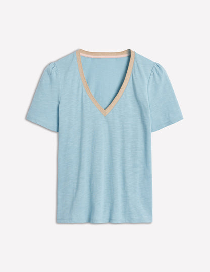 Metallic Trim V Neck T-shirt-Soft Blue-7