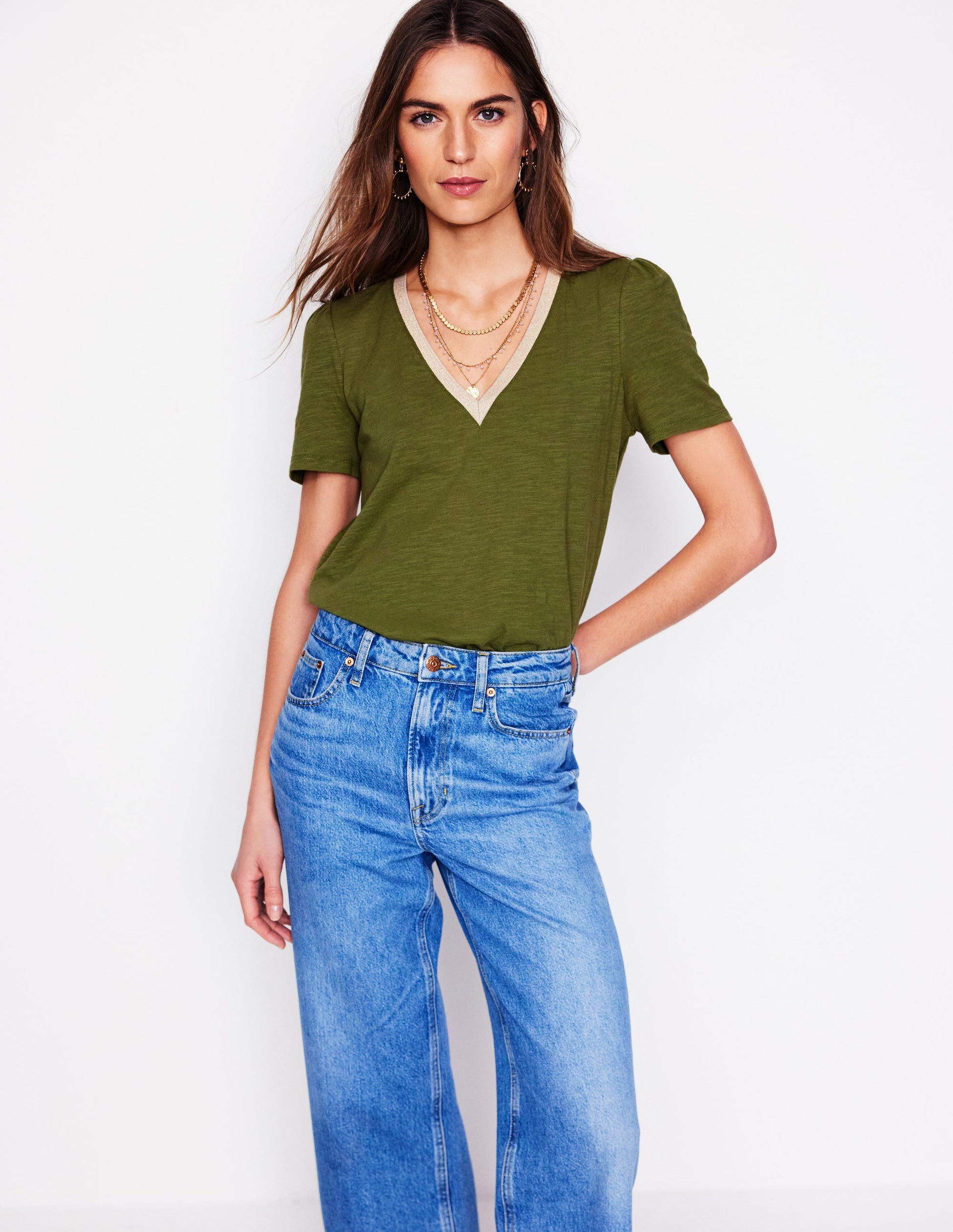 Metallic Trim V Neck T-shirt-Mayfly-2