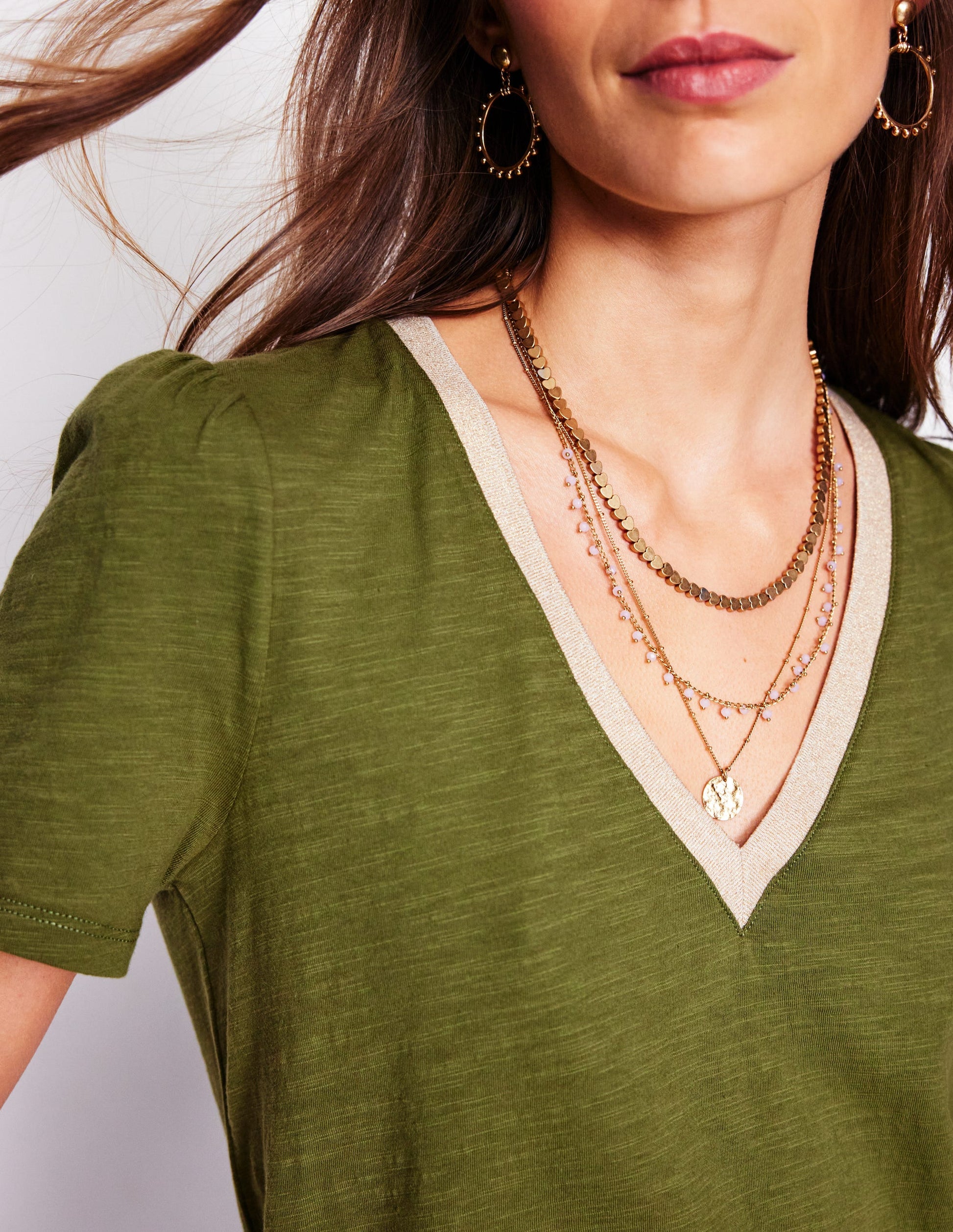 Metallic Trim V Neck T-shirt-Mayfly-3