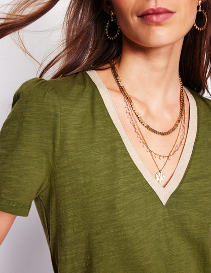 Metallic Trim V Neck T-shirt-Mayfly-3