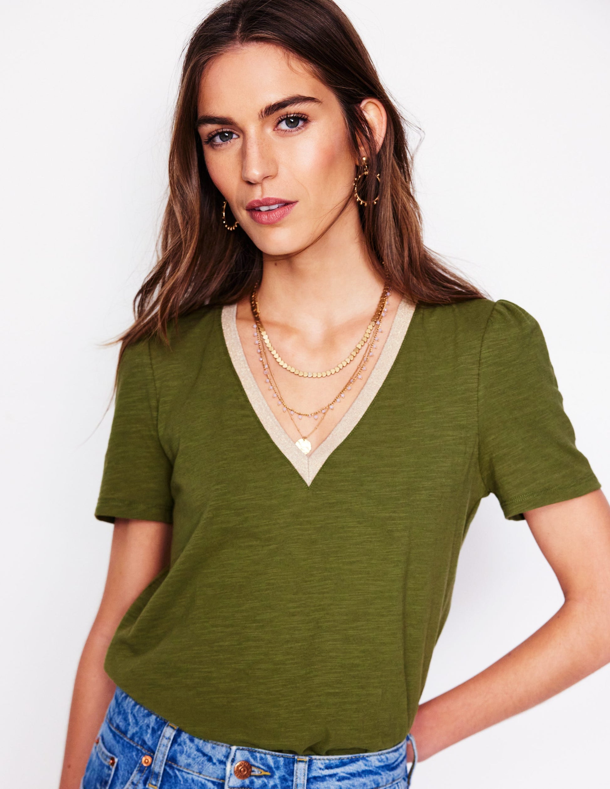 Metallic Trim V Neck T-shirt-Mayfly-5