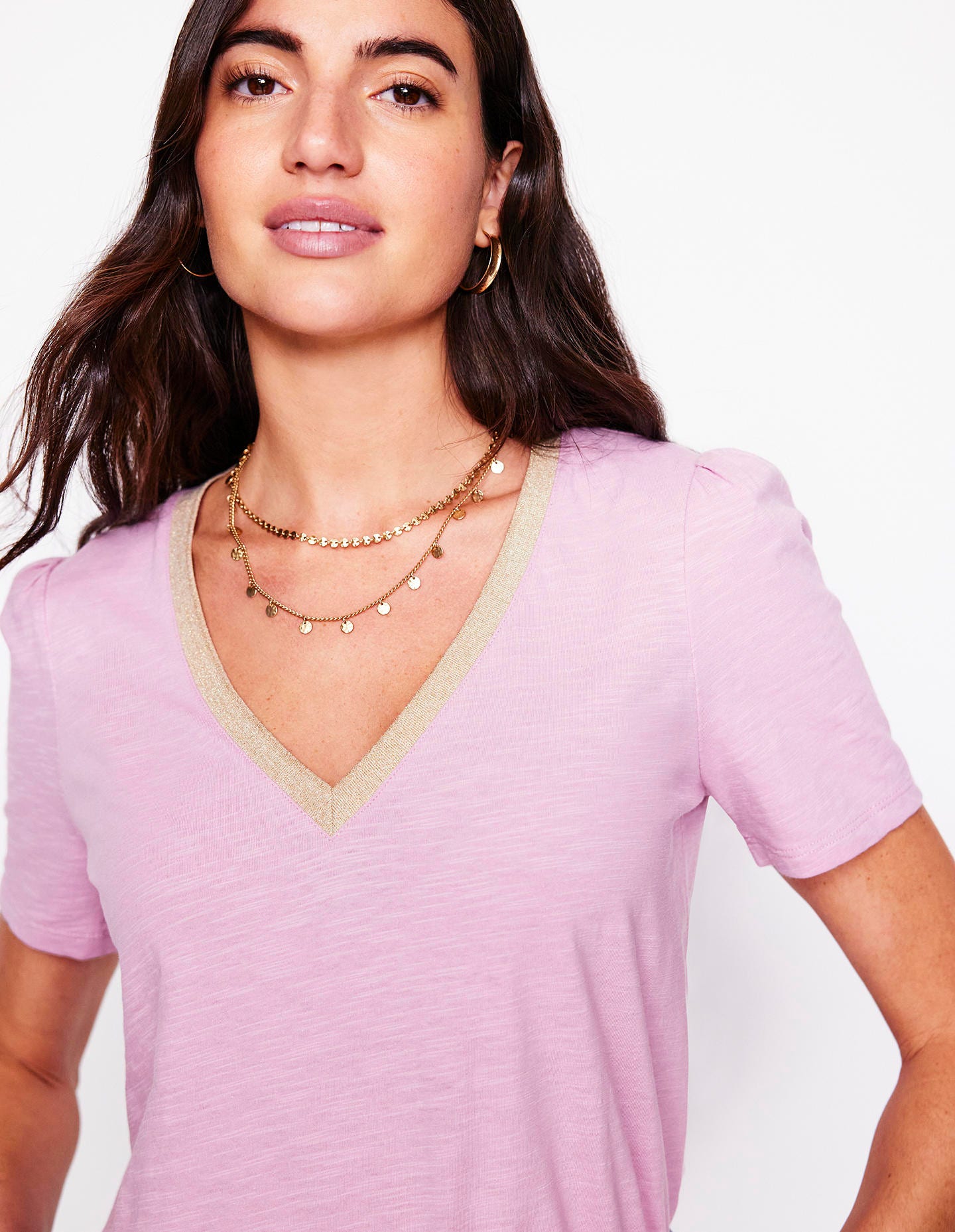 Metallic Trim V Neck T-shirt-Soft Lavender-4