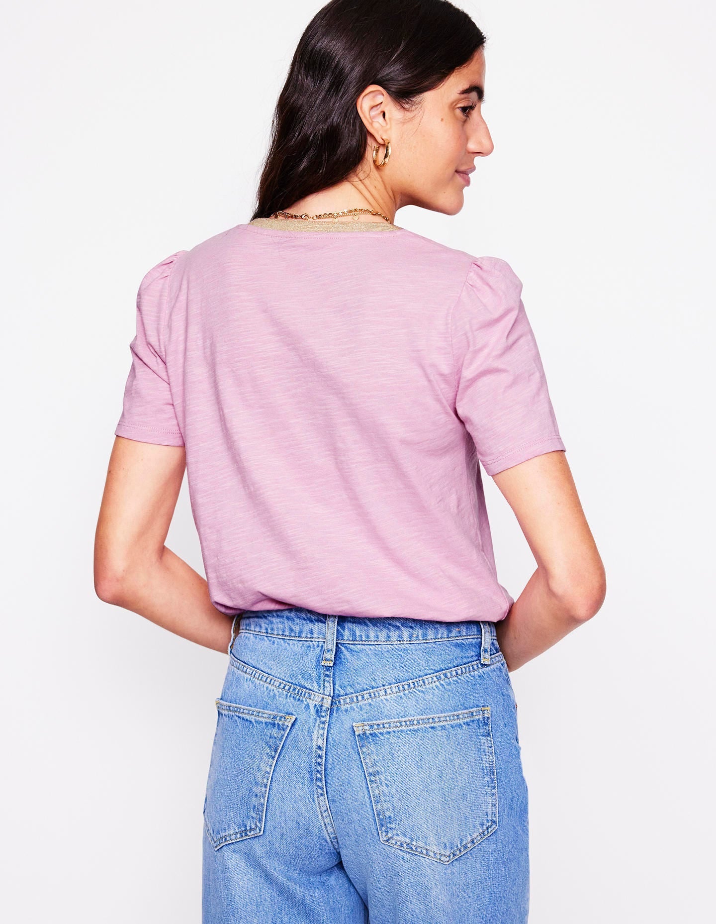 Metallic Trim V Neck T-shirt-Soft Lavender-5