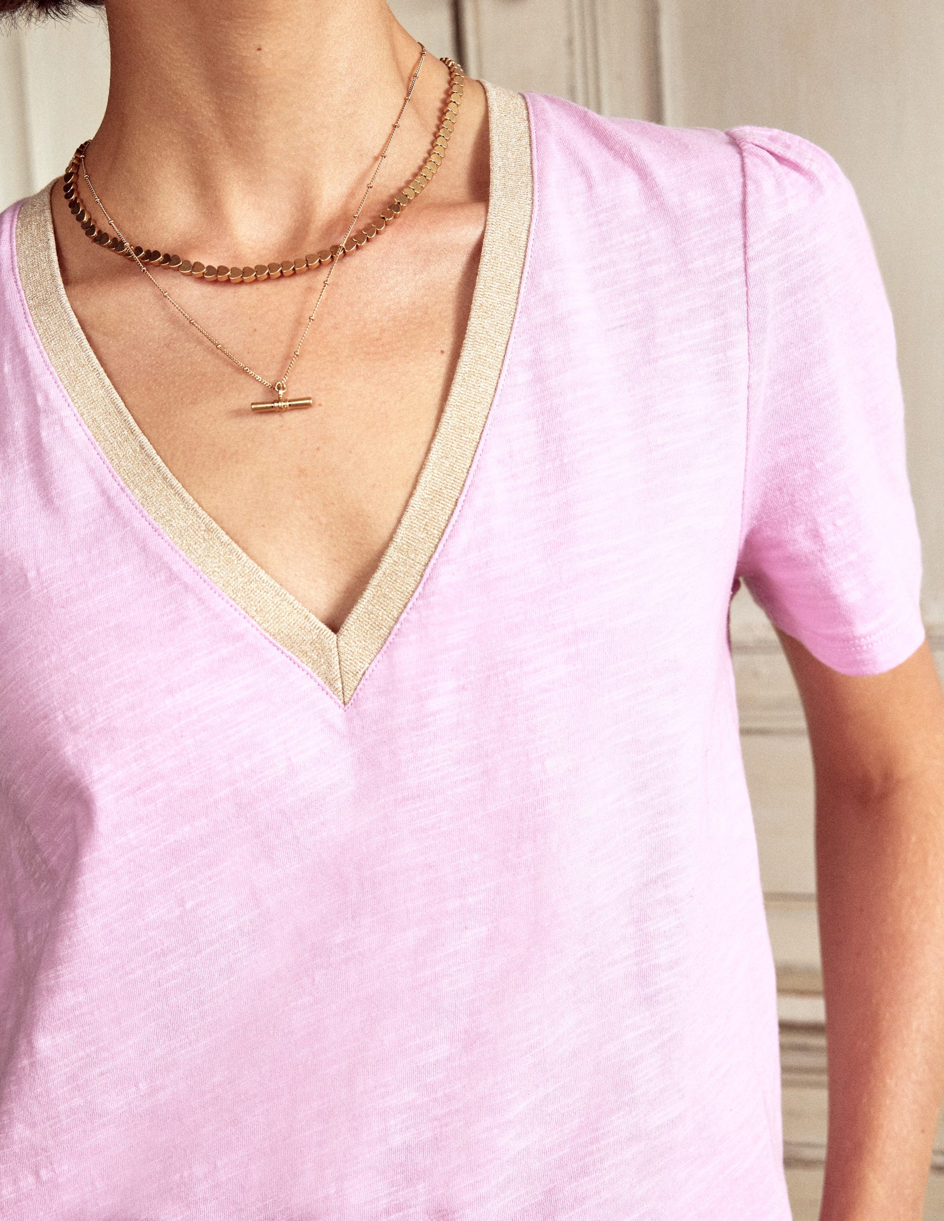 Metallic Trim V Neck T-shirt-Soft Lavender-2