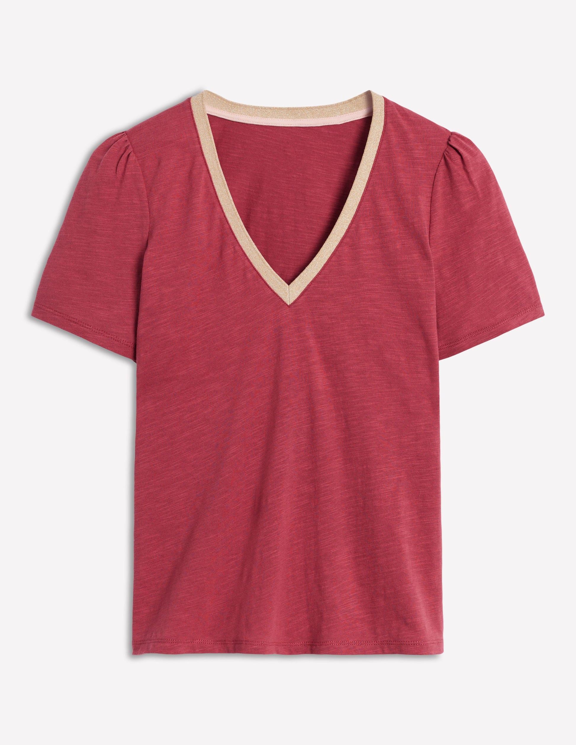 Metallic Trim V Neck T-shirt-Terracotta Red-6