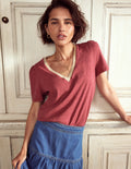 Metallic Trim V Neck T-shirt-Terracotta Red