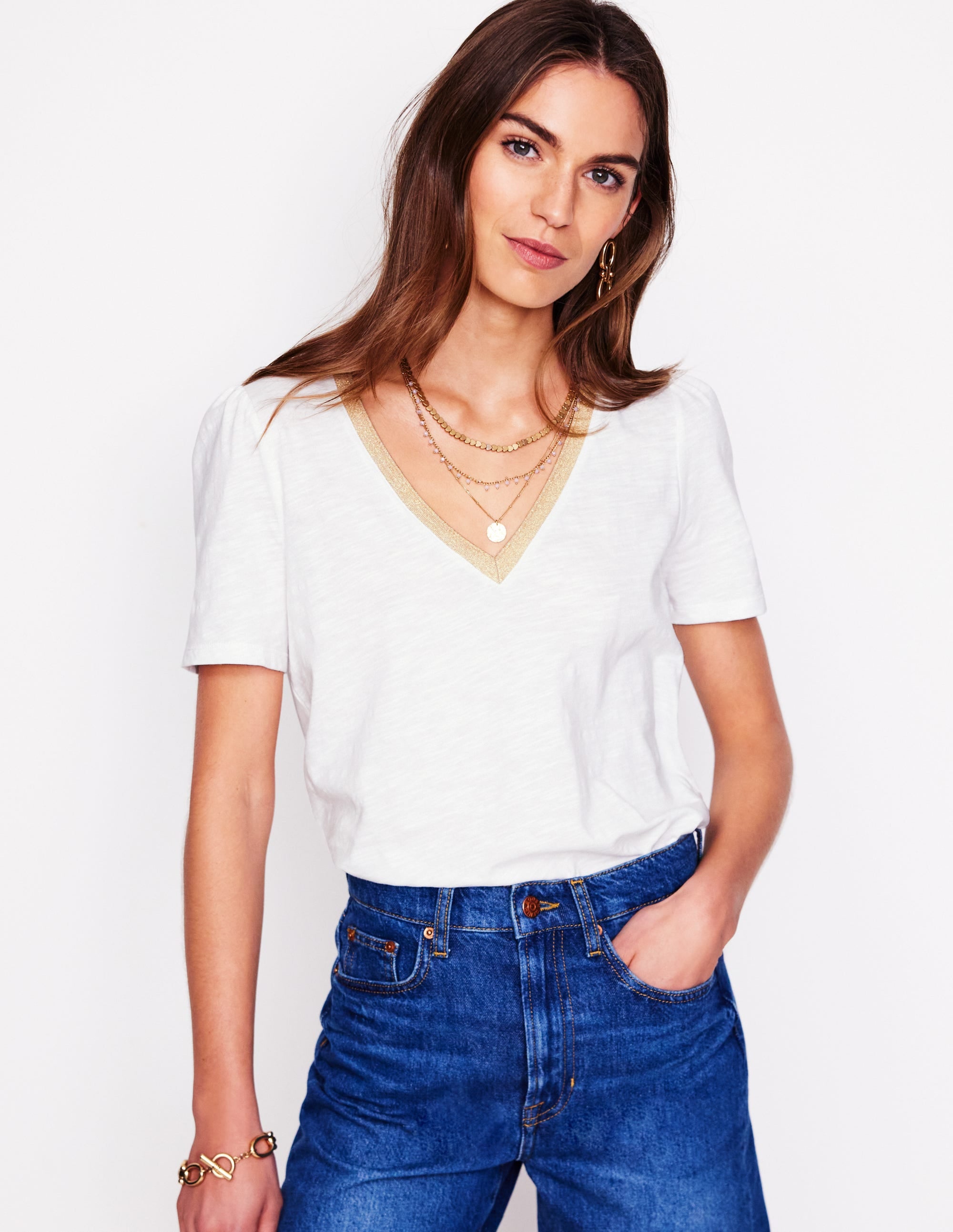Metallic Trim V Neck T-shirt-White - Image 1