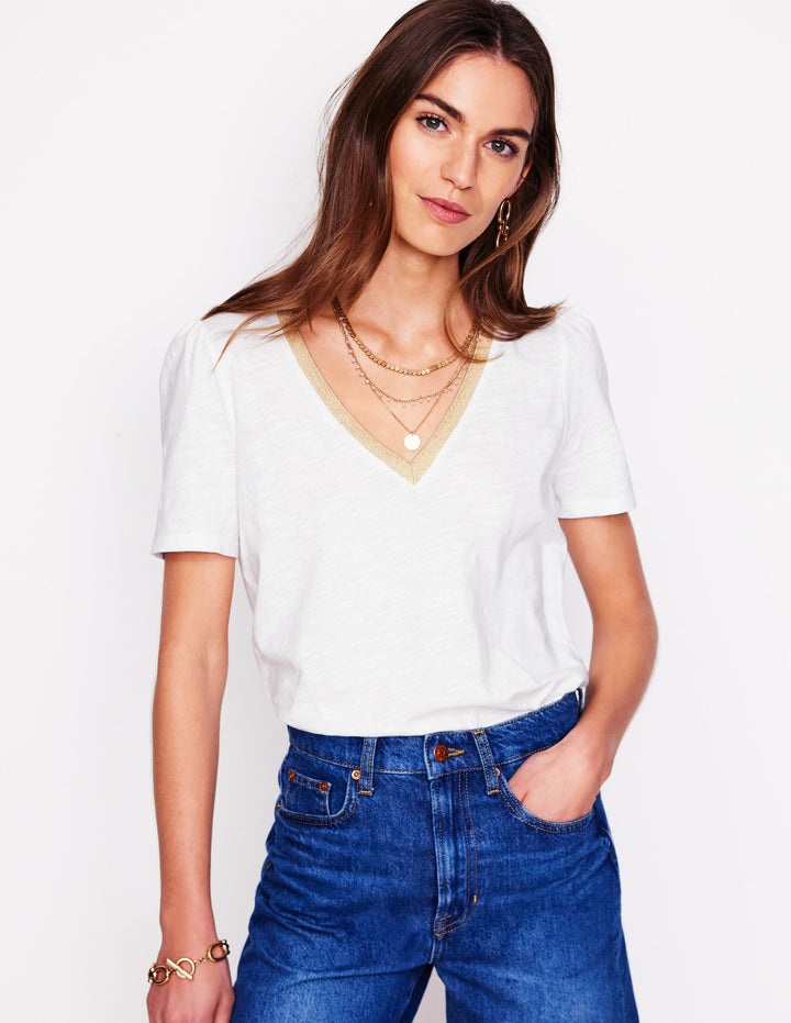 Metallic Trim V Neck T-shirt-White