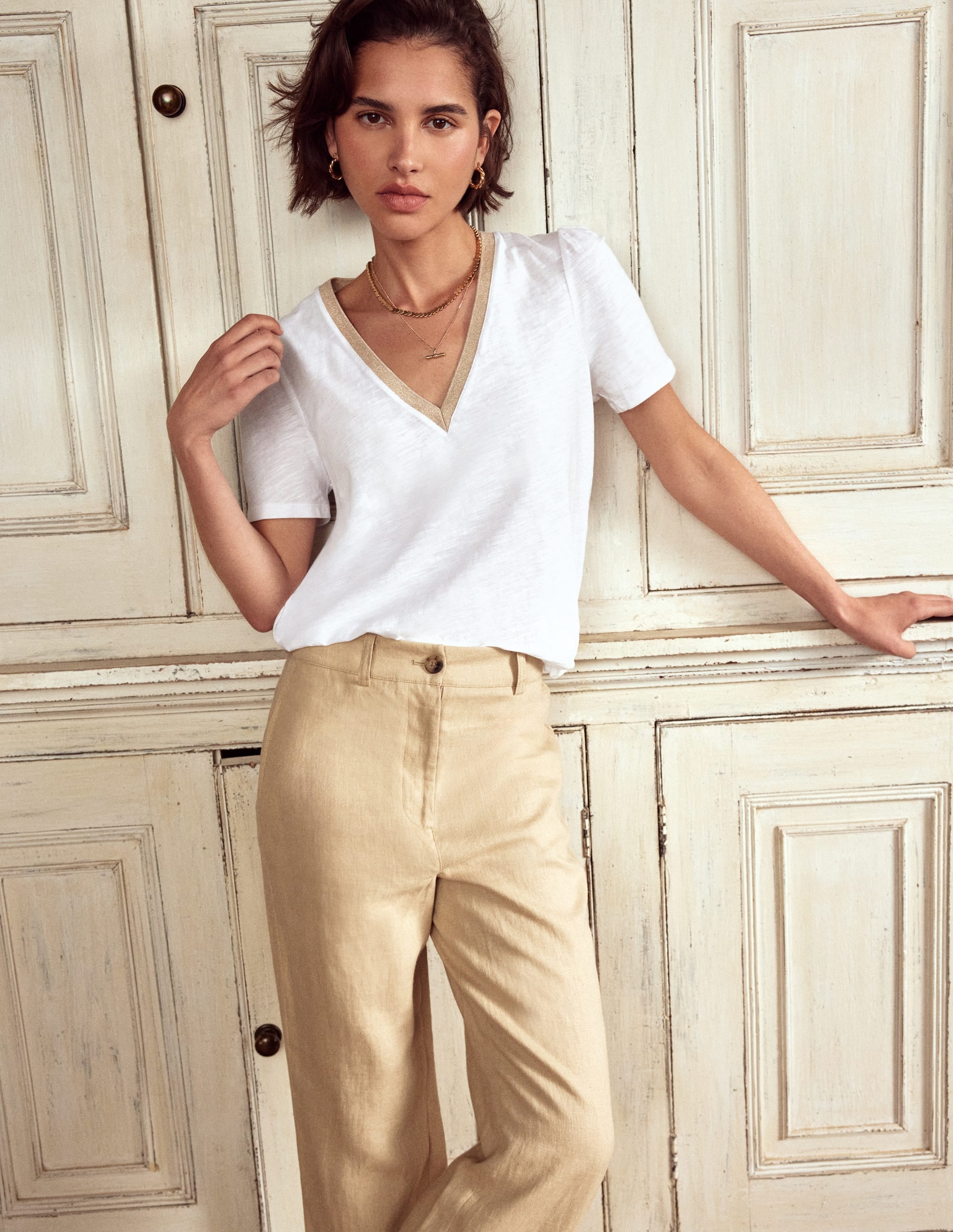 Metallic Trim V Neck T-shirt-White - Image 5