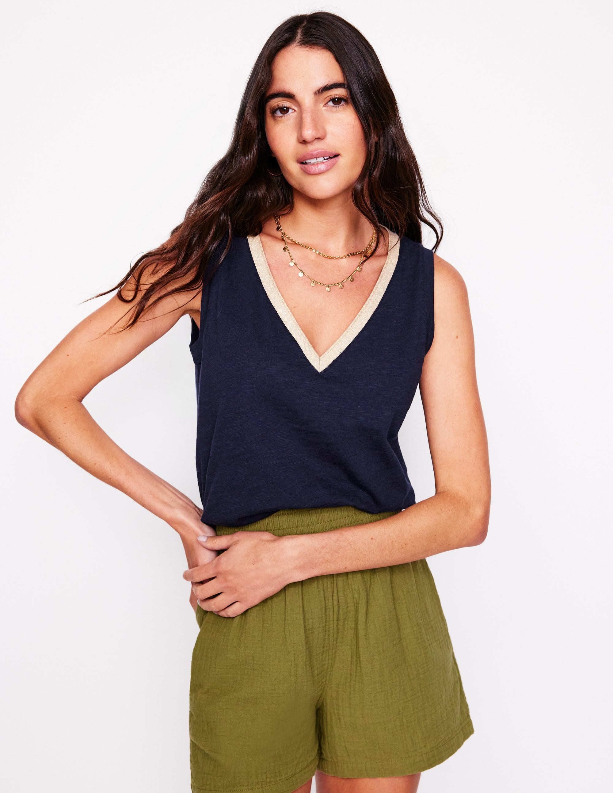 Metallic Trim V Neck Vest-Navy - Image 6