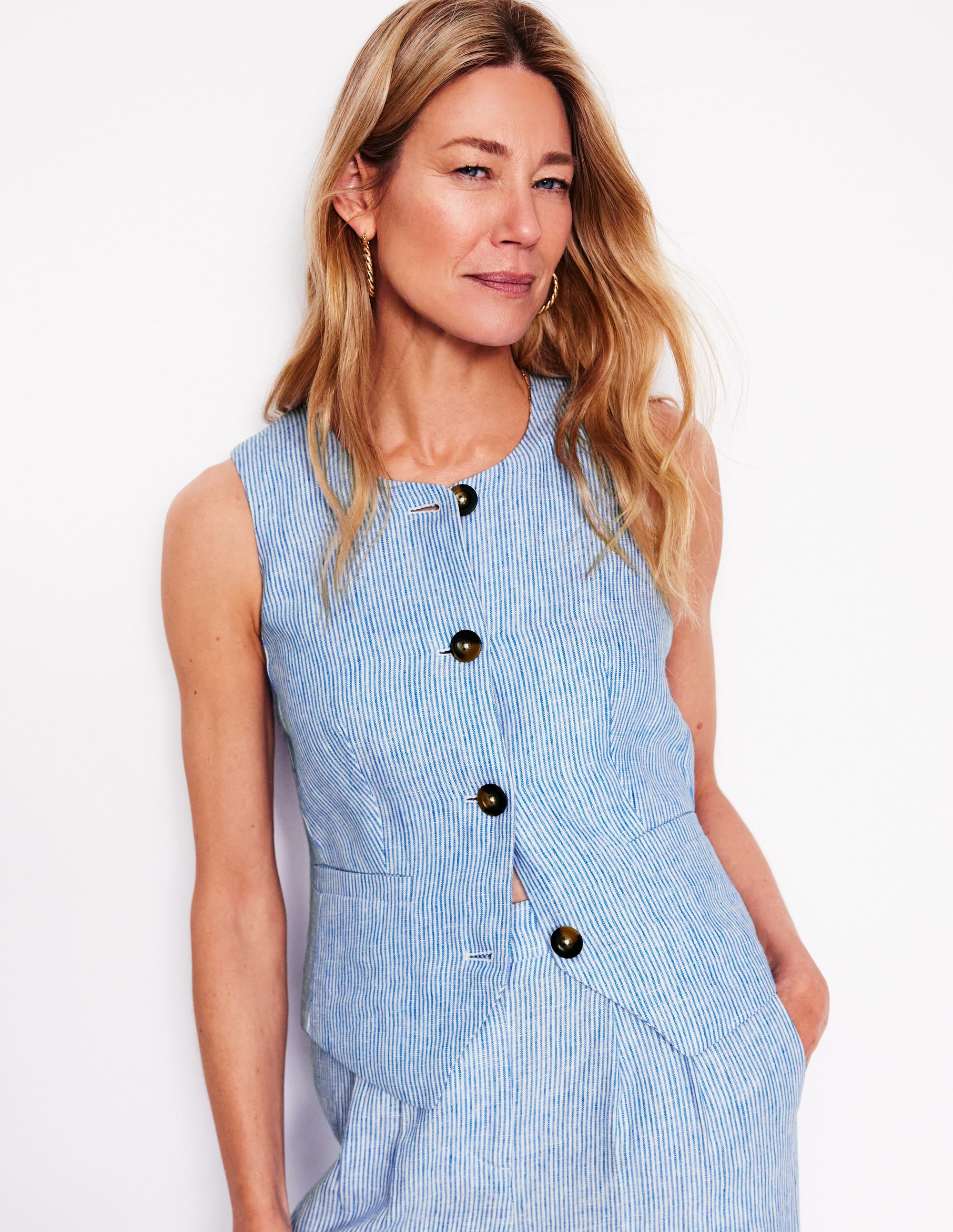 Linen Waistcoat-Kingfisher Blue Fine Stripe - Image 1
