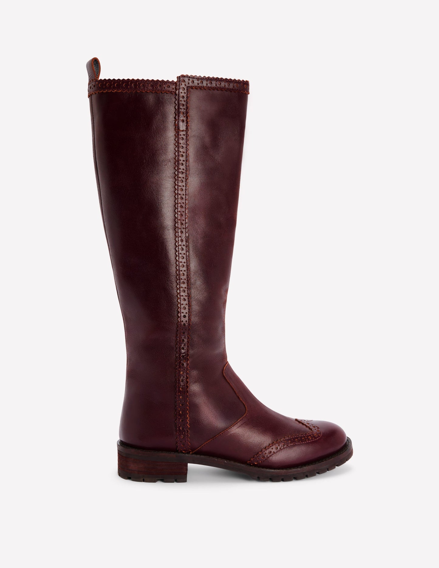 Brogue Detail Knee Boots-Oxblood