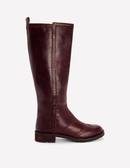 Brogue Detail Knee Boots-Oxblood-1