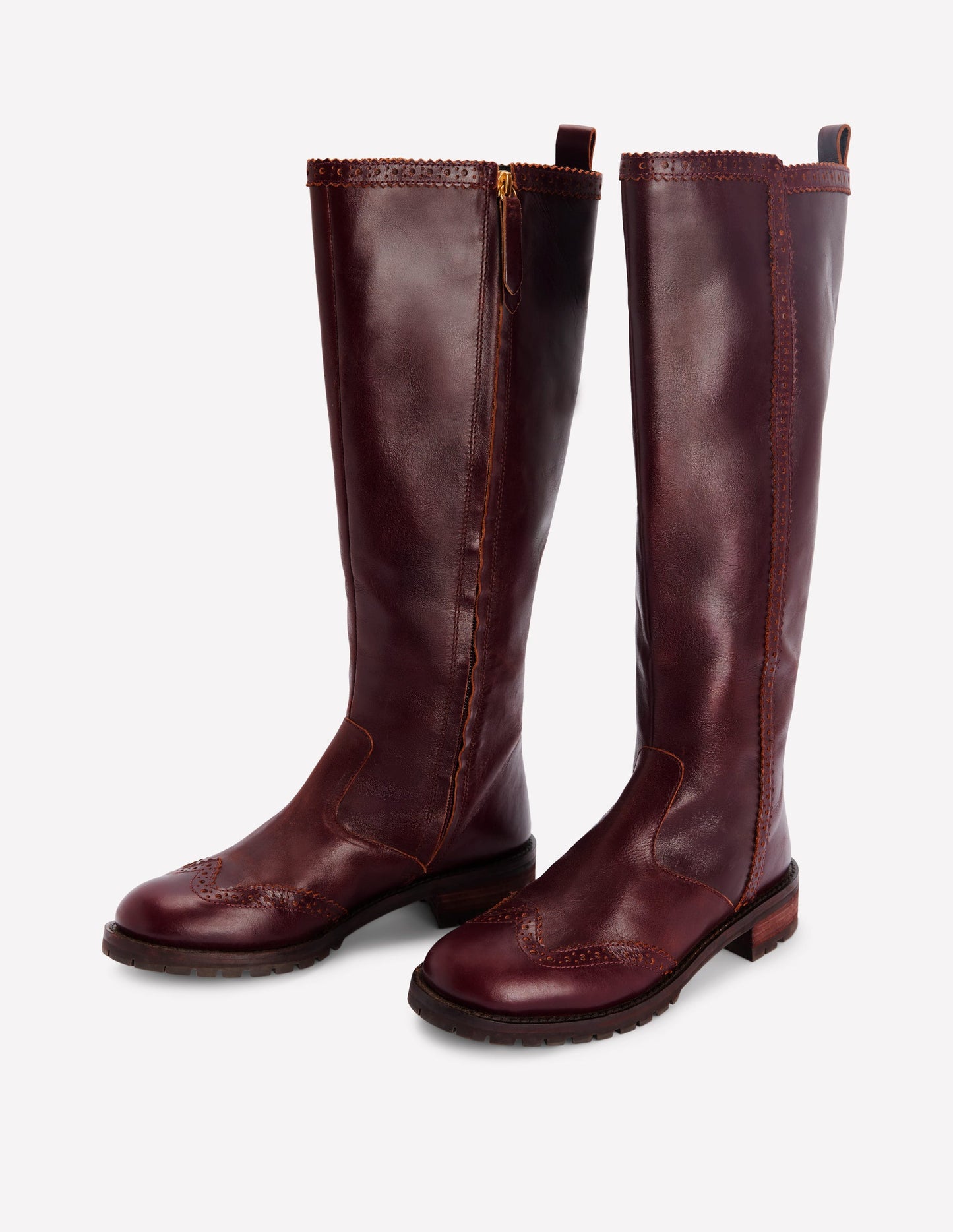 Brogue Detail Knee Boots-Oxblood
