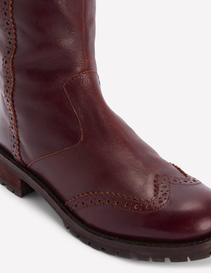 Brogue Detail Knee Boots-Oxblood-5