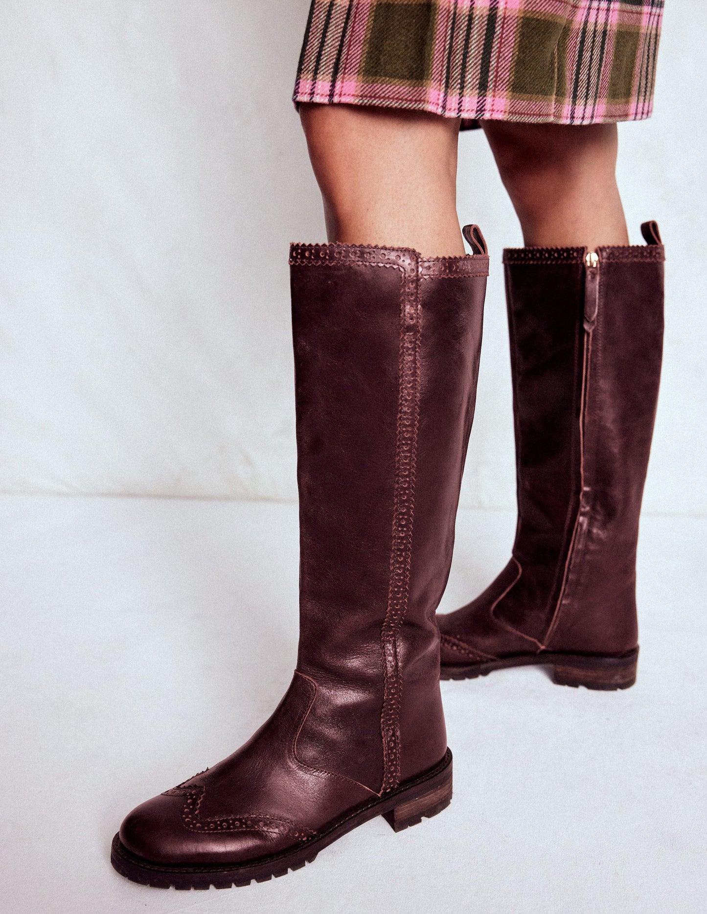 Brogue Detail Knee Boots-Oxblood
