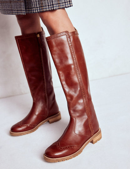 Brogue Detail Knee Boots-Tan-2